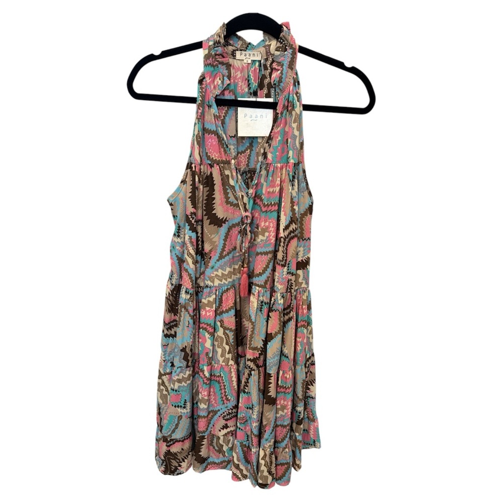 Paani Printed Racerback Tiered Tunic Dress in Pink, Teal & Brown